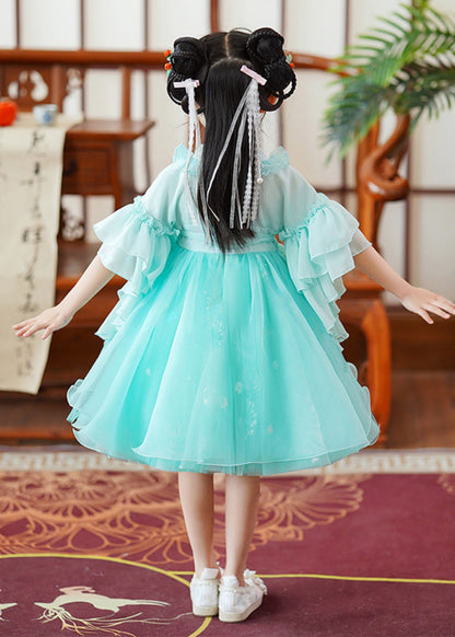 Fine Green Embroideried Patchwork Tie Waist Tulle Baby Mid Dress Flare Sleeve