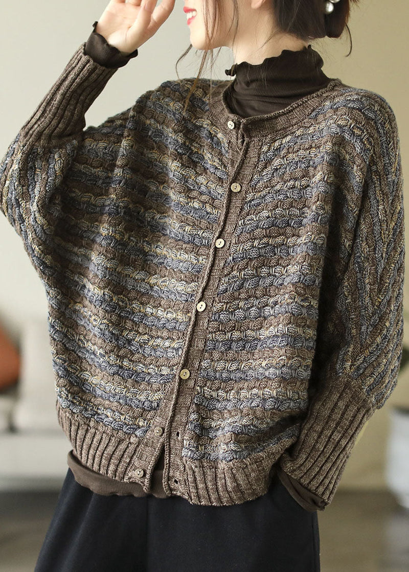 Fine Green O-neck Print Button Cotton Knit Sweaters Coats Long Sleeve