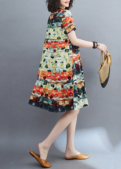 Fine Green O-neck Print Ruffled Patchwork Mid Dress Summer