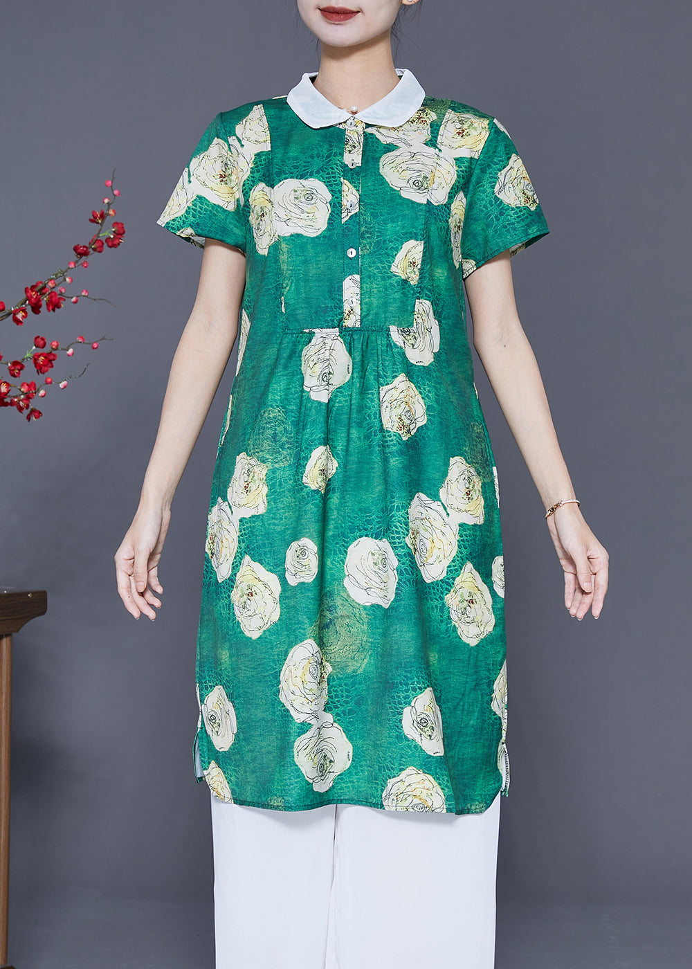 Fine Green Peter Pan Collar Chiffon Shirt Dress Summer