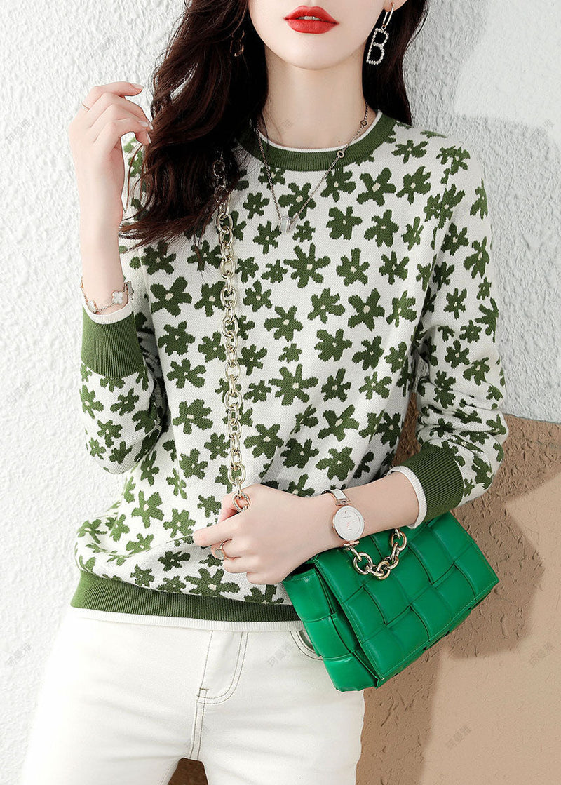 Fine Green Print Knit Knit Top Winter