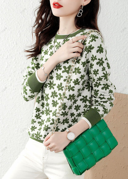 Fine Green Print Knit Knit Top Winter
