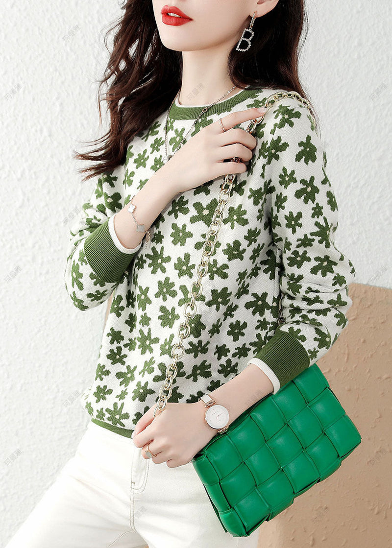 Fine Green Print Knit Knit Top Winter