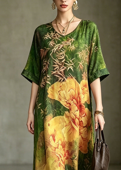 Fine Green Print Silk Maxi Dress Short Sleeve