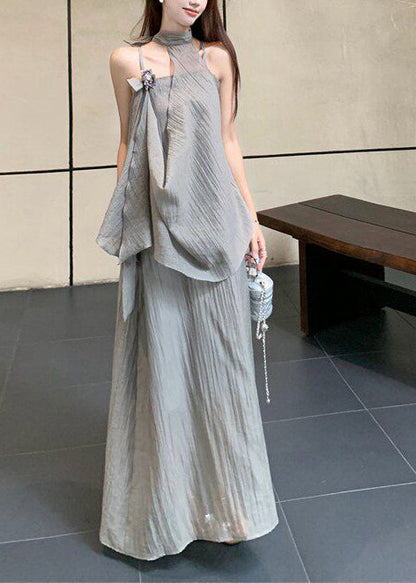 Fine Grey Asymmetrical Design Flower Chiffon Halter Dress Two Piece Set Summer