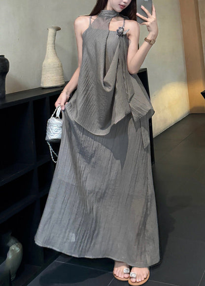 Fine Grey Asymmetrical Design Flower Chiffon Halter Dress Two Piece Set Summer