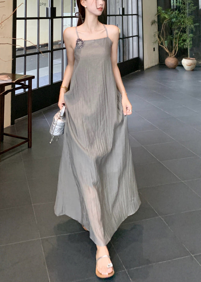 Fine Grey Asymmetrical Design Flower Chiffon Halter Dress Two Piece Set Summer