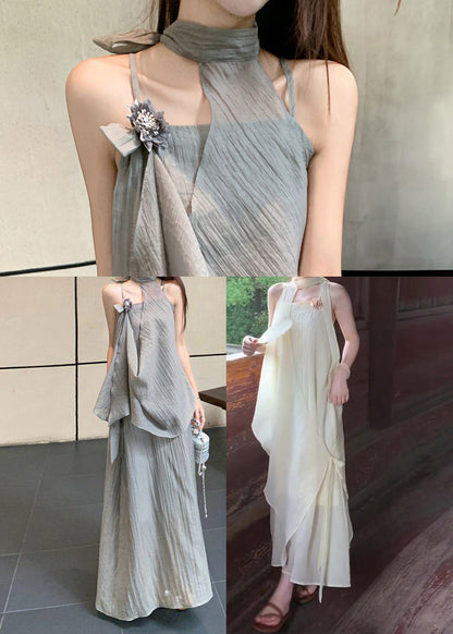Fine Grey Asymmetrical Design Flower Chiffon Halter Dress Two Piece Set Summer