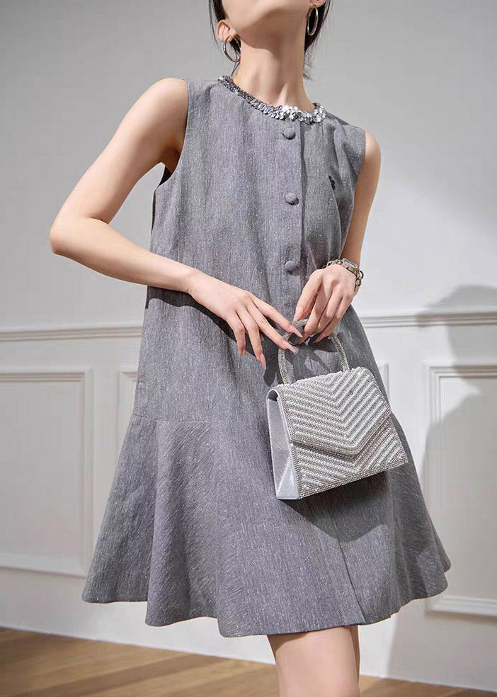 Fine Grey O-neck Butto Vacation Mid Dress Short Sleeve