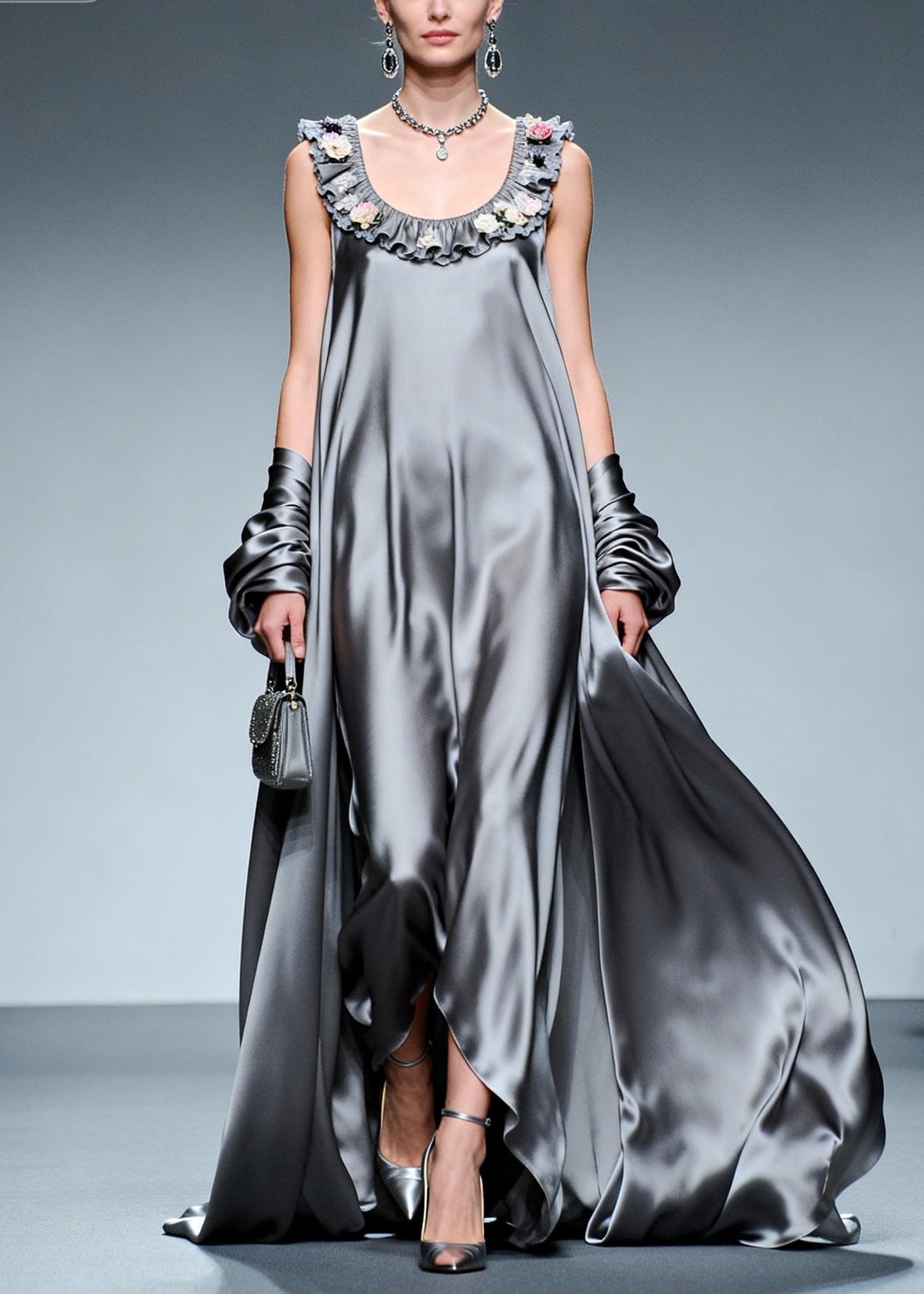 Fine Grey Ruffled Exra Large Hem Silk Party Dress Summer