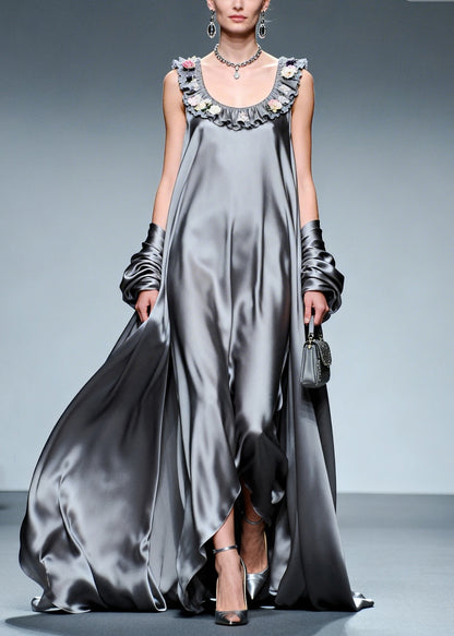 Fine Grey Ruffled Exra Large Hem Silk Party Dress Summer