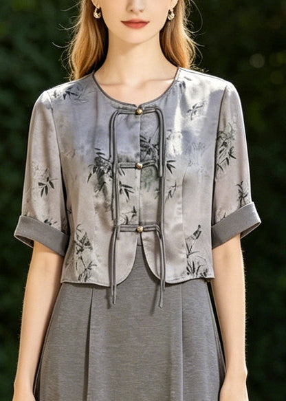 Fine Grey Tasseled Print Silk Oriental Dresses Two Piece Set Summer