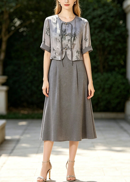 Fine Grey Tasseled Print Silk Oriental Dresses Two Piece Set Summer
