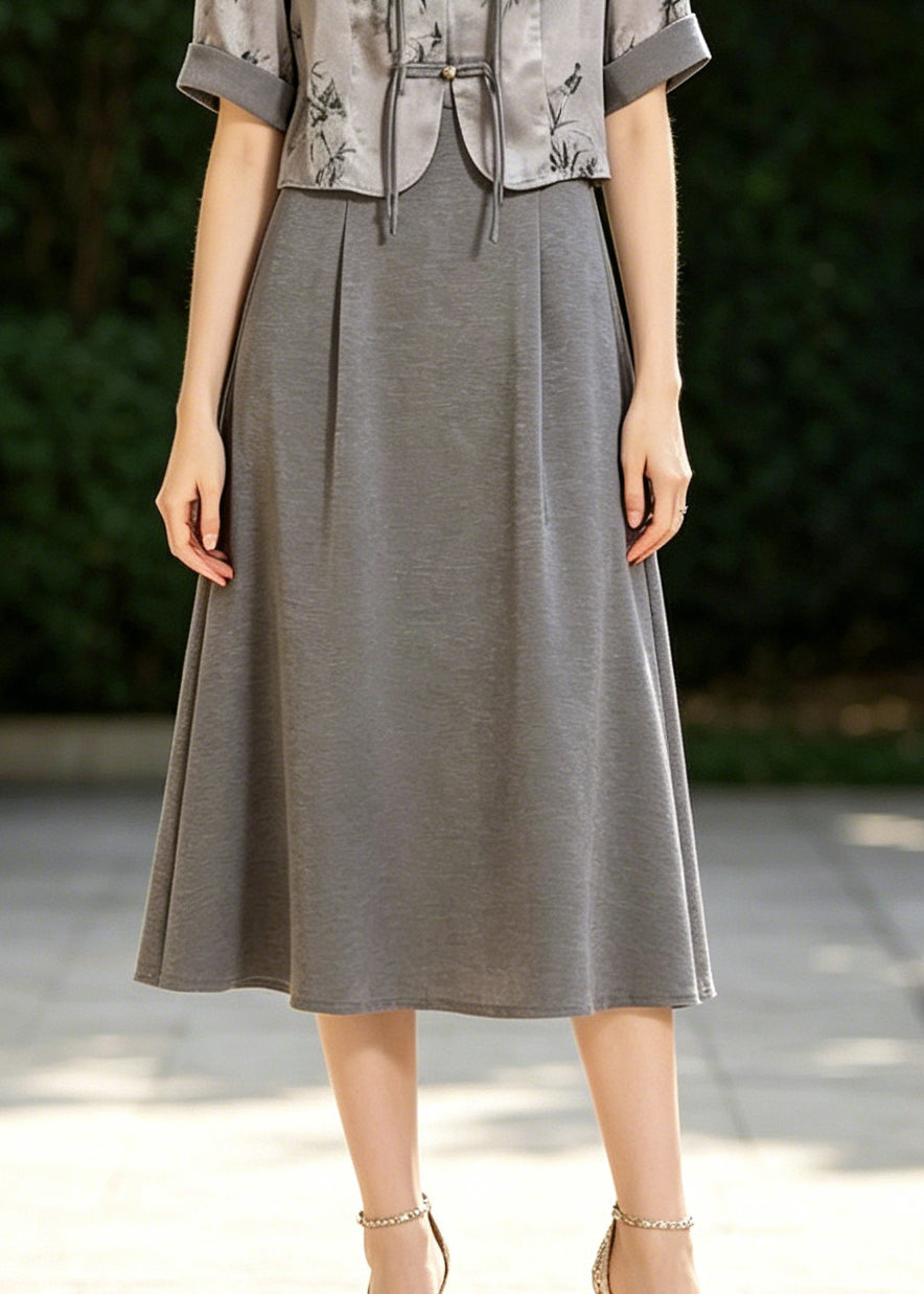 Fine Grey Tasseled Print Silk Oriental Dresses Two Piece Set Summer