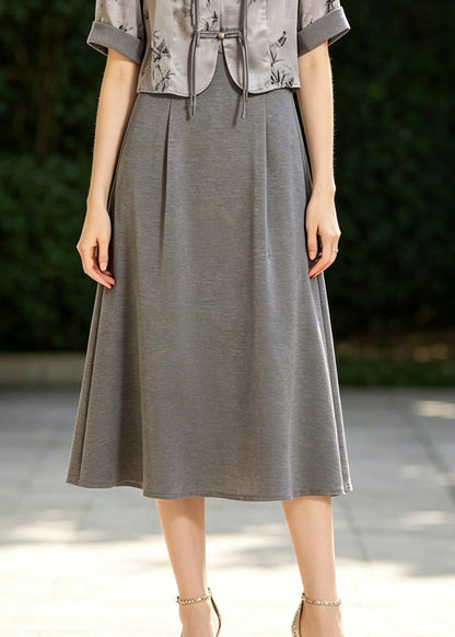 Fine Grey Tasseled Print Silk Oriental Dresses Two Piece Set Summer