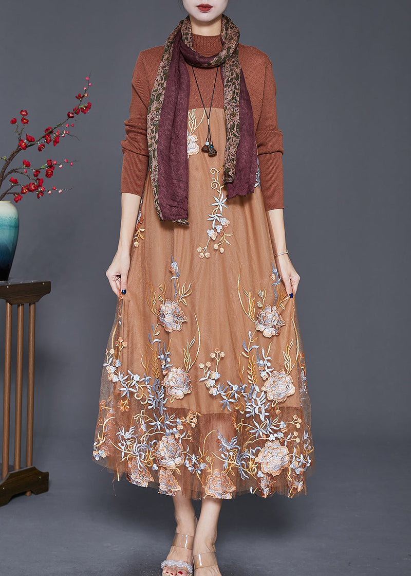 Fine Khaki Embroidered Patchwork Knit Dress Fall