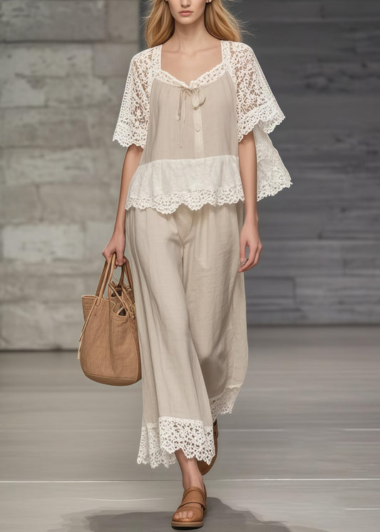 Fine Khaki Square Collar Lace Patchwork Hollow Out Two Pieces Set Summer