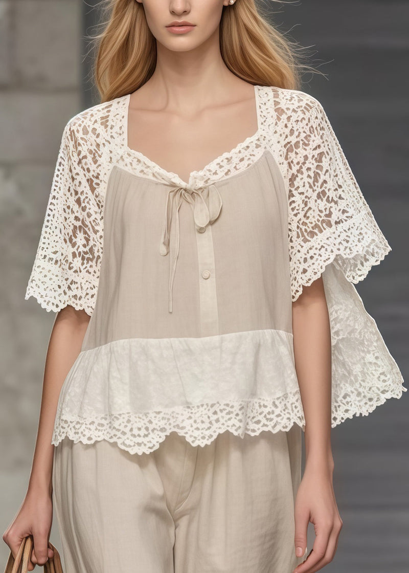 Fine Khaki Square Collar Lace Patchwork Hollow Out Two Pieces Set Summer