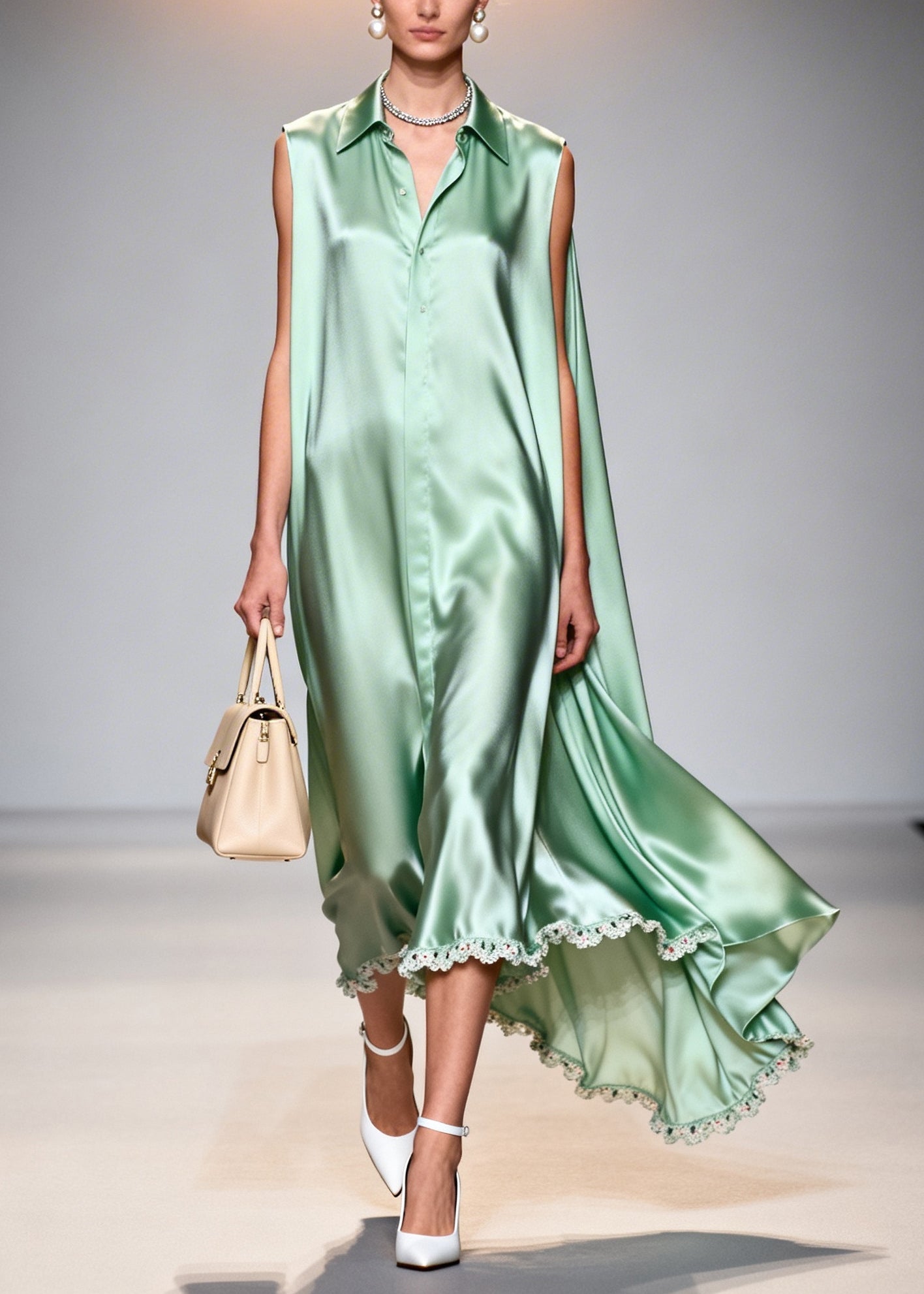 Fine Lake Green Peter Pan Collar Patchwork Lace Silk Maxi Dresses Sleeveless