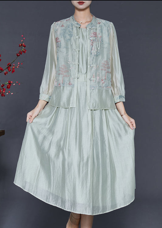 Fine Light Green Embroidered Patchwork Silk Oriental Dress Two Piece Set Summer