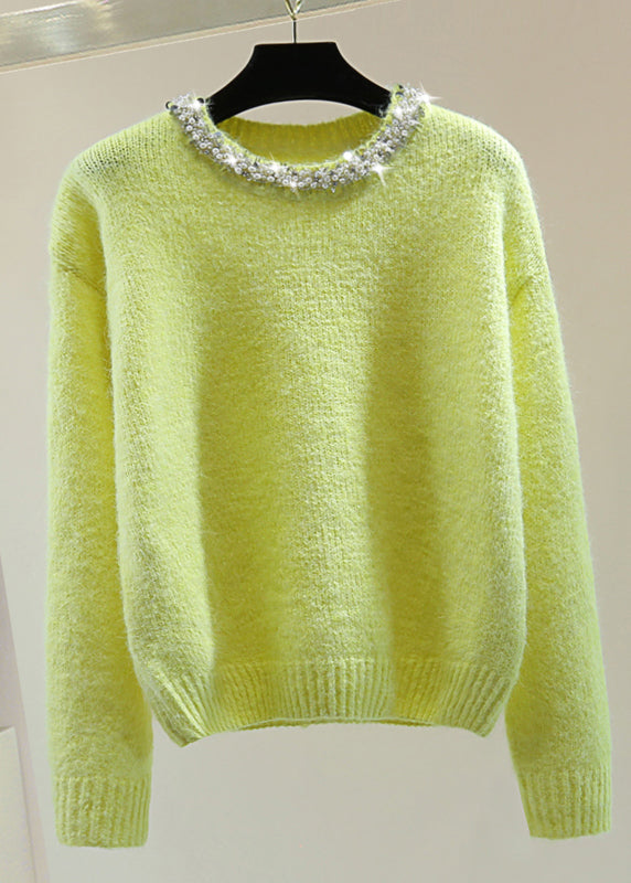 Fine Light Green O-neck Nail Bead Cotton Knit Sweaters Winter