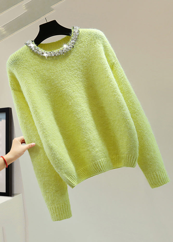 Fine Light Green O-neck Nail Bead Cotton Knit Sweaters Winter