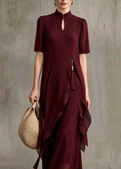Fine Mulberry Stand Collar Asymmetrical Patchwork Chiffon Dress Summer