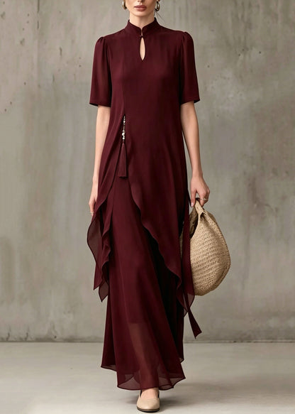 Fine Mulberry Stand Collar Asymmetrical Patchwork Chiffon Dress Summer