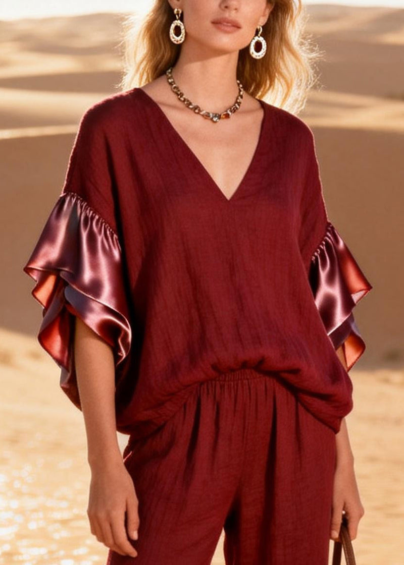 Fine Mulberry V Neck Patchwork Cotton Two Pieces Set Butterfly Sleeve