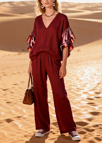 Fine Mulberry V Neck Patchwork Cotton Two Pieces Set Butterfly Sleeve