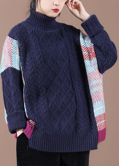 Fine Navy Patchwork High Neck Fall Knit Sweater