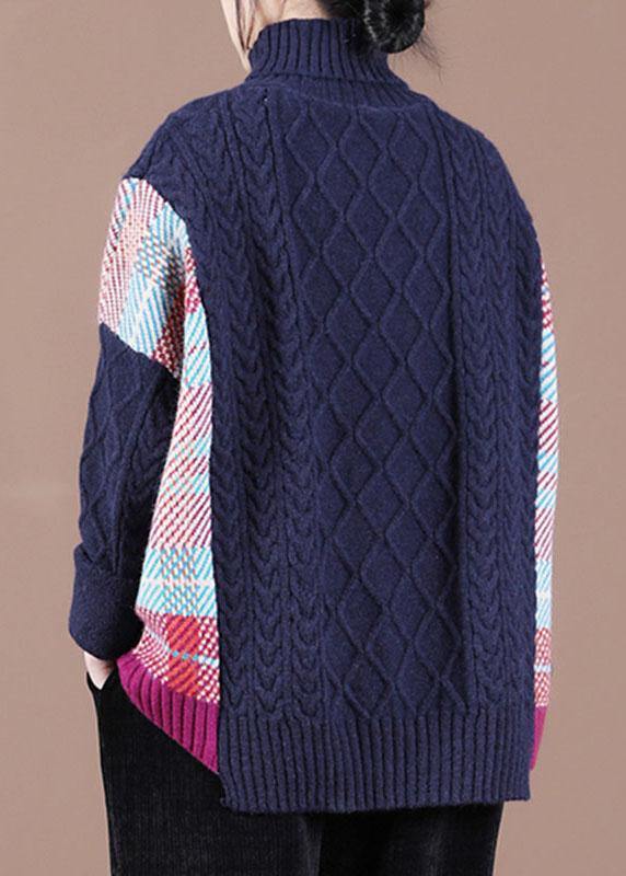 Fine Navy Patchwork High Neck Fall Knit Sweater