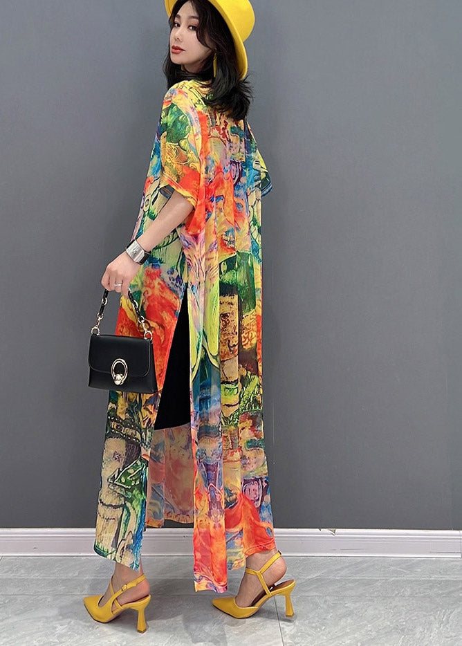 Fine O-neck Print Side Open Chiffon Party Dress Short Sleeve