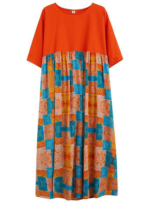 Fine Orange Loose Patchwork Print Summer Holiday Dress Half Sleeve
