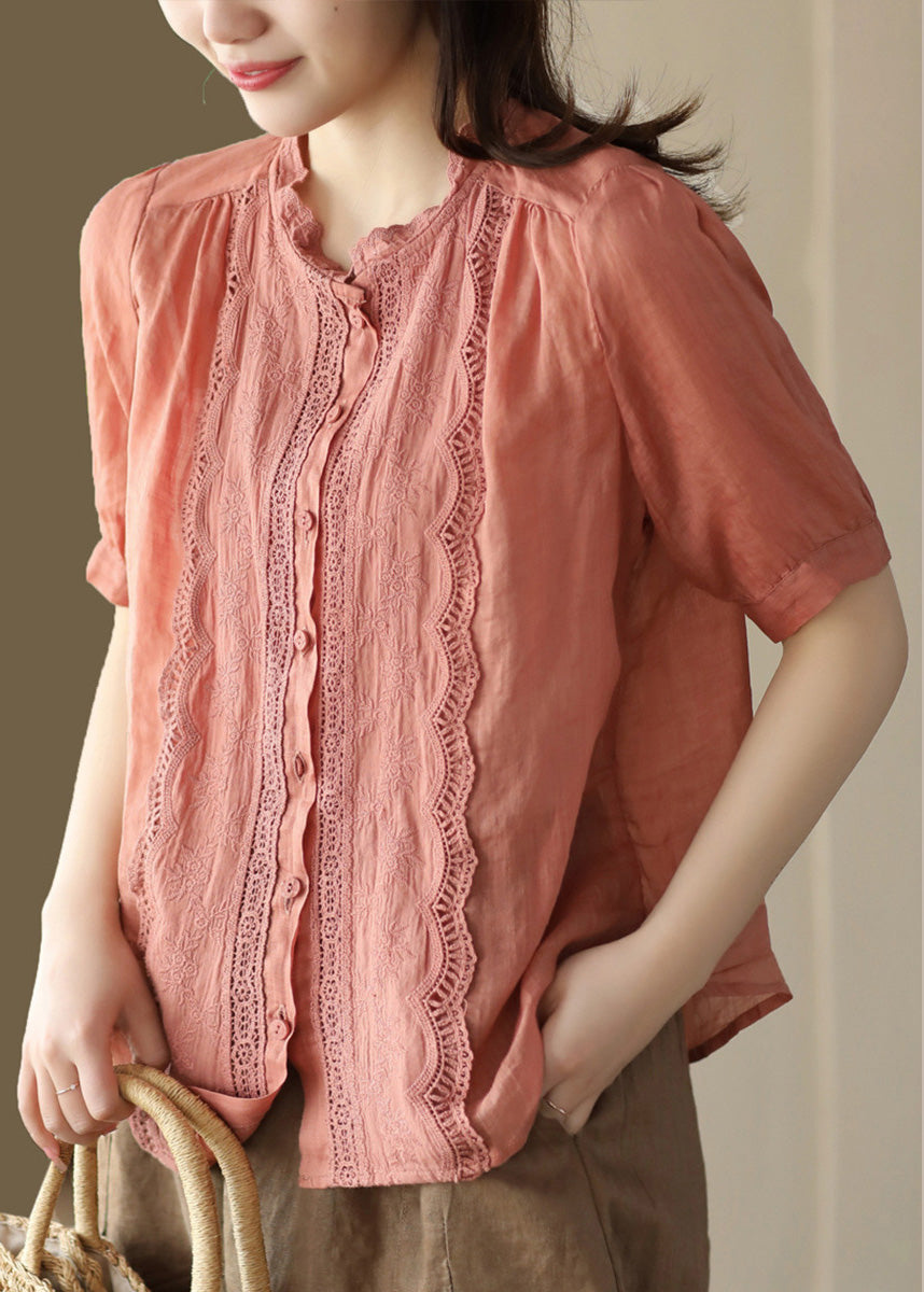 Fine Orange O-neck Patchwork Hollow Out Button Ramie Shirts Short Sleeve