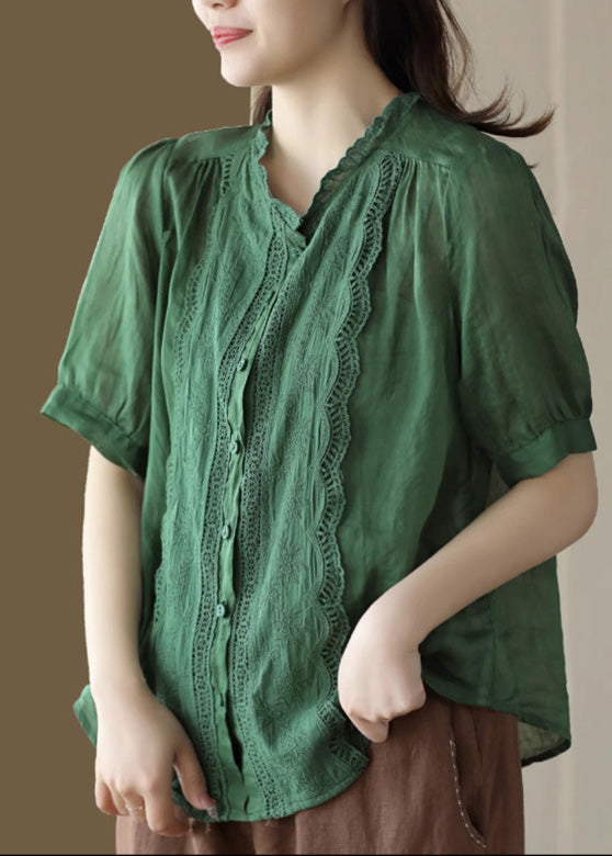 Fine Orange O-neck Patchwork Hollow Out Button Ramie Shirts Short Sleeve