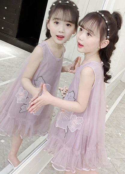 Fine Pink O-neck Patchwork Embroideried Patchwork Tulle Long Dresses Sleeveless