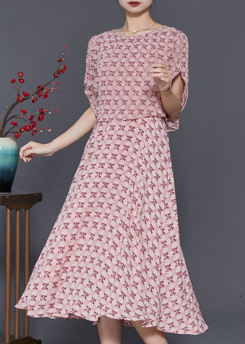 Fine Pink Print Nail Bead Chiffon Fake Two Piece Dress Summer