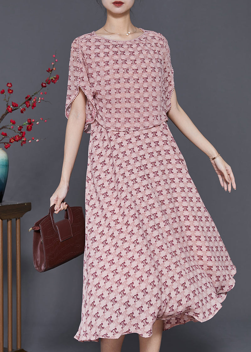 Fine Pink Print Nail Bead Chiffon Fake Two Piece Dress Summer