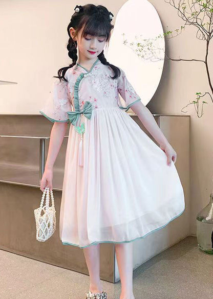 Fine Pink Ruffled Tasseled Patchwork Chiffon Kids Dress Summer
