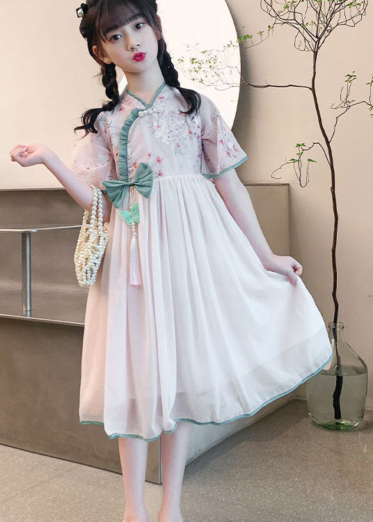 Fine Pink Ruffled Tasseled Patchwork Chiffon Kids Dress Summer