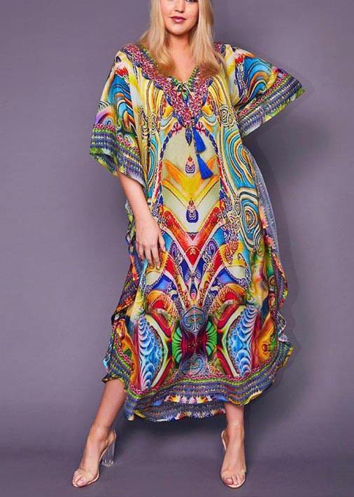 Fine Print Tie Chiffon Loose Kimono Robe Maxi Dress