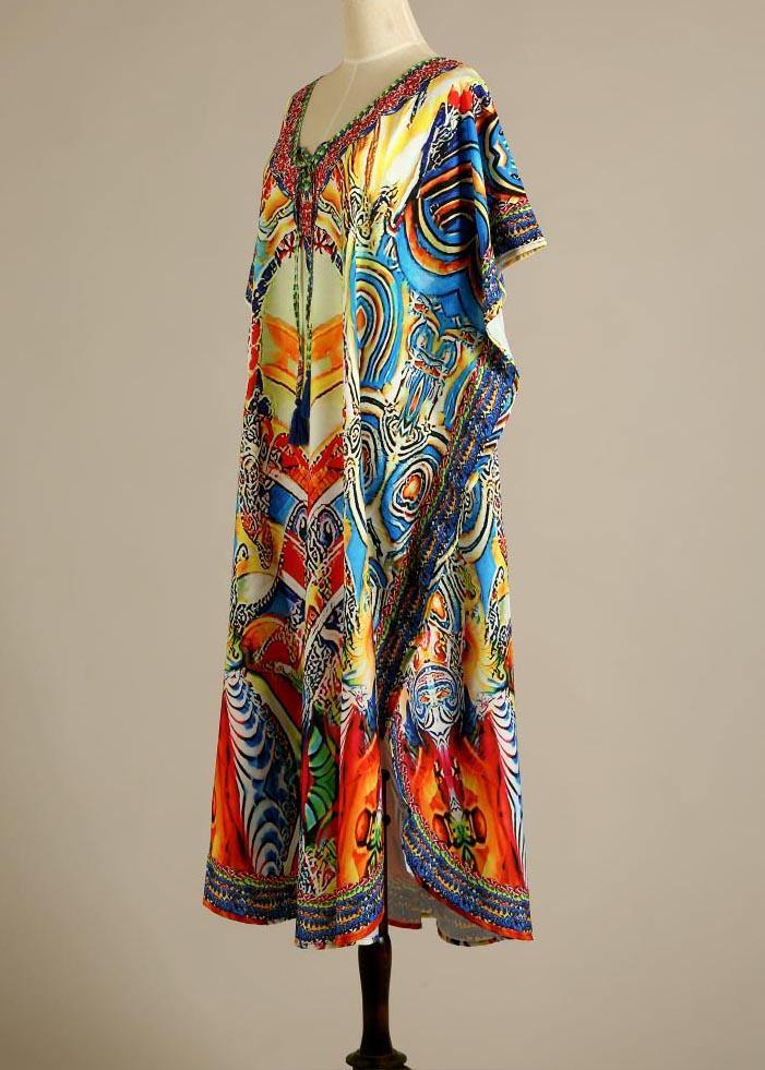 Fine Print Tie Chiffon Loose Kimono Robe Maxi Dress