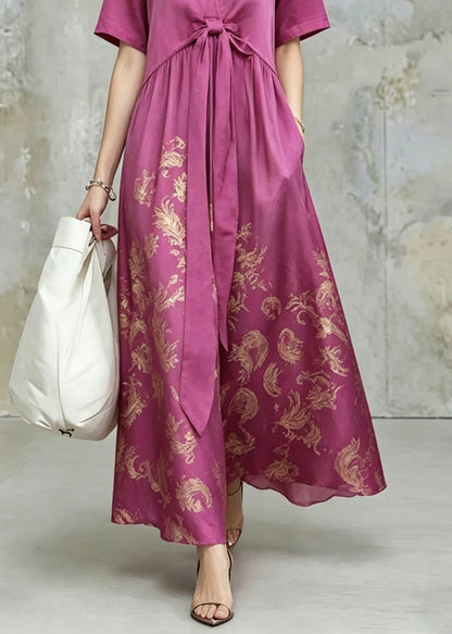 Fine Purple V Neck Print Tie Waist Long Dress Summer