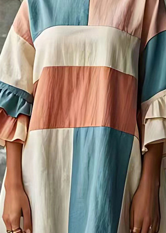 Fine Rainbow O-neck Patchwork Cotton Robe Dresses Flare Sleeve
