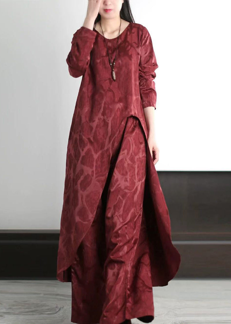 Fine Red Asymmetrical Jacquard Silk Two Pieces Set Spring