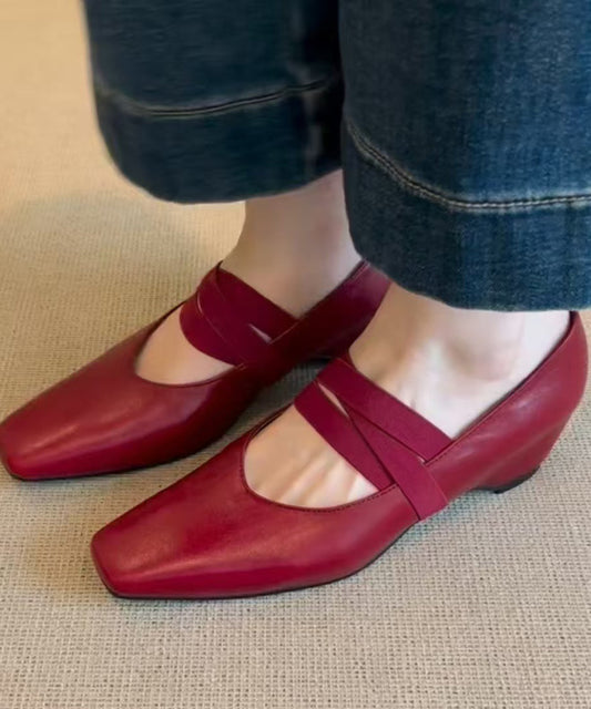 Fine Red Genuine Leather High Heels Lace Up High Heels