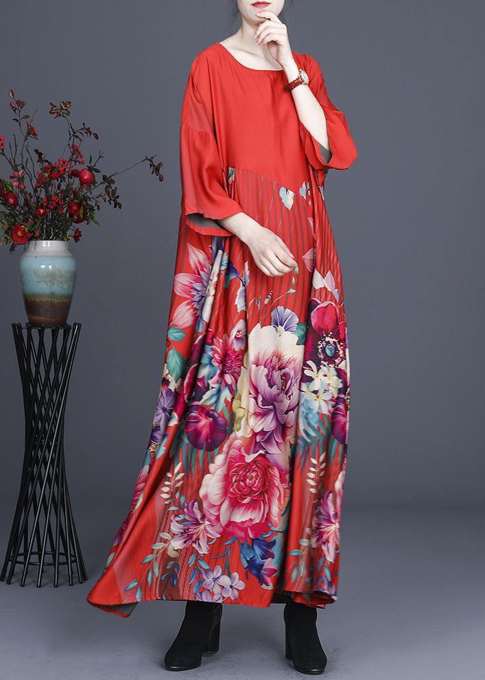 Fine Red Print O-neck Long Silk Dress Summer