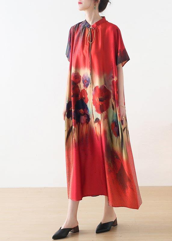 Fine Red Print Short Sleeve Holiday Summer Chiffon Dress