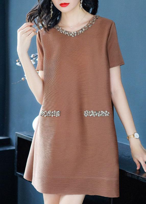 Fine Rose O-neck Nail Bead Summer Mid Dress
